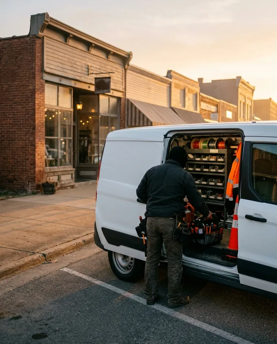 Electrician loading tools into a work van outside a small-town shop