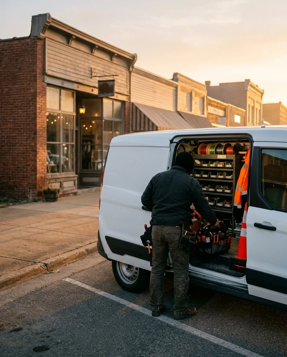Electrician loading tools into a work van outside a small-town shop
