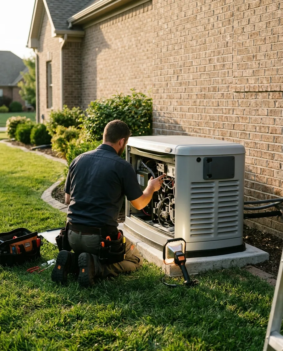 Electrician servicing a home standby generator beside a brick house
